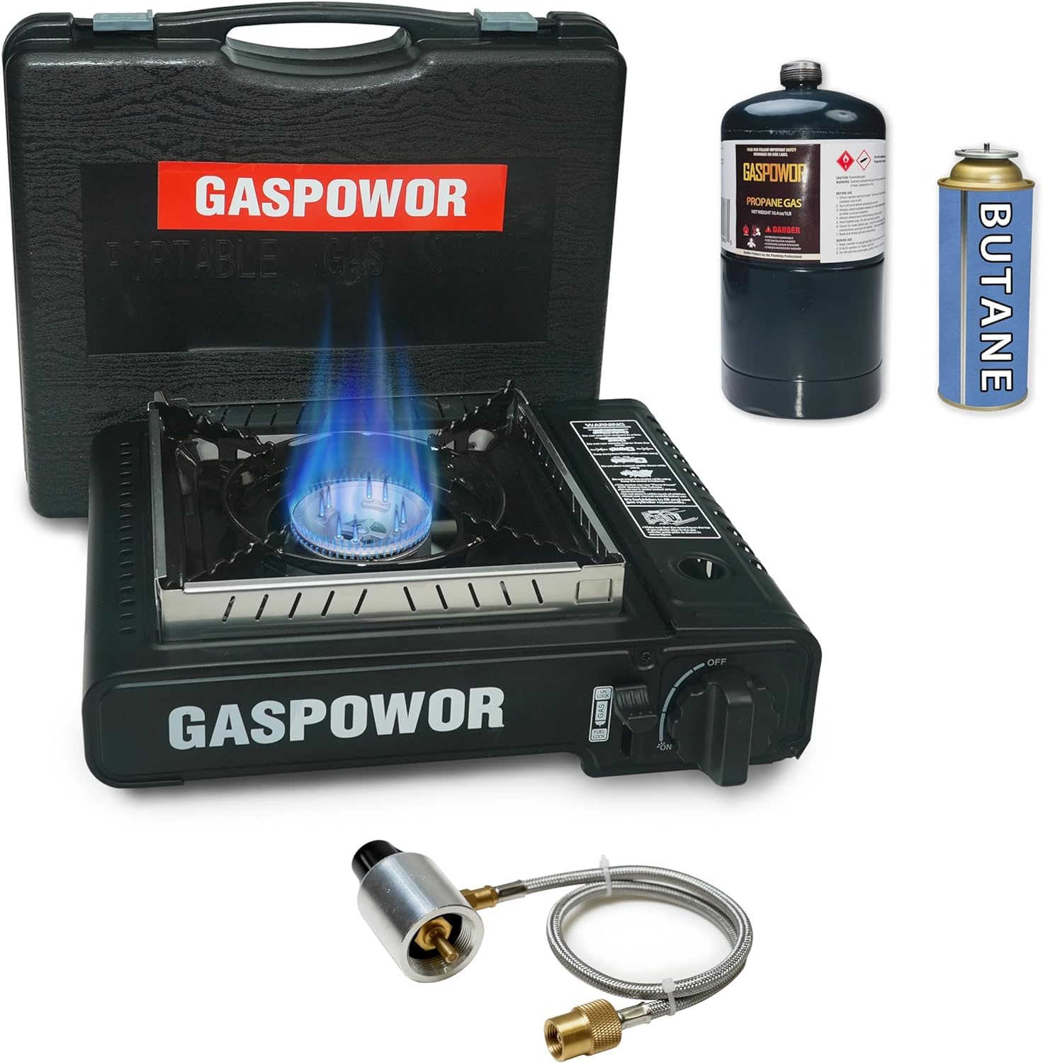 Windproof Propane Stove for Camping and Hiking with 10,000 BTU Output and Fuel Adapter
| Portable Butane and Propane St